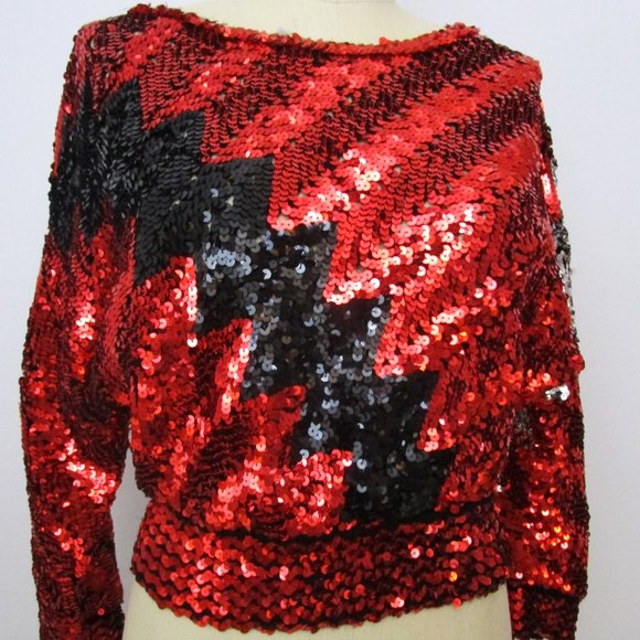 Roller Disco Glam Rock 70s Red Sequin Sweater Top Bowie Ziggy - Picture 1 of 11